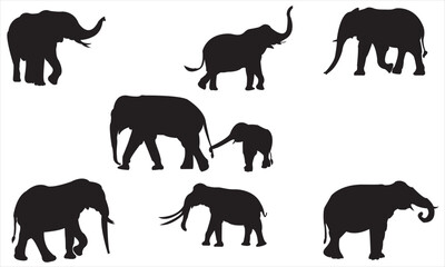 Set of elephant silhouettes. Elephant shadow hand-drawn. Flat vector illustration.
