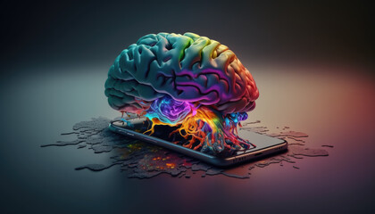 Smartphone absorbs brain, the concept of the Internet and computer dependence created with generative AI technology
