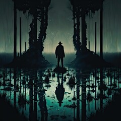 Eerie swamp, silouette of person, mysterious