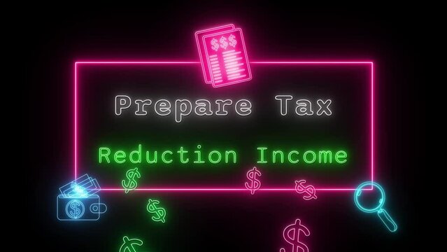 prepare tax reduction income login Neon white-green Fluorescent Text Animation pink frame on black background