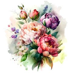 Watercolor floral bouquet spring flowers. Botanical illustration. Generative AI