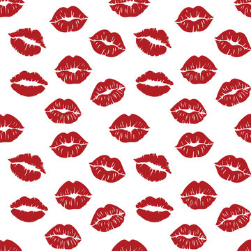 lips set. vector illustration. seamless pattern with imprints of lips. pomade. red and white background. girls and women. romance. Love. style. beauty and fashion