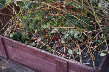 Cut branches from bushes and trees loaded on a cart.