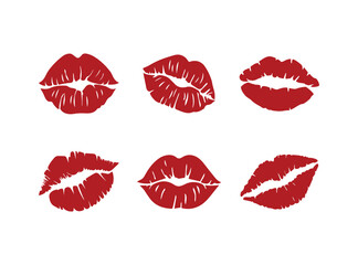 set of lips. vector illustration. collection with red lip prints. pomade. girls and women. romance. Love. style. beauty and fashion. set of icons. different lips. kiss