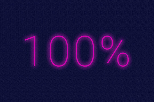 100% percent logo. one hundred percent neon sign. Number one hundred on dark purple background. 2d image