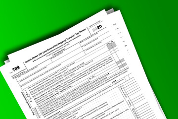 Form 709 documentation published IRS USA 44055. American tax document on colored