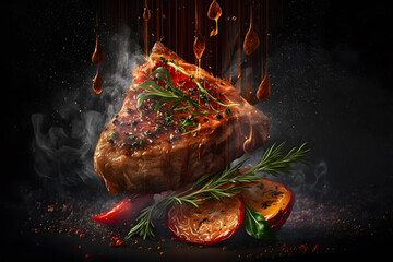 A closeup shot of a piece of meat with spices and herbs. Baked meat. Delicious dish. Generative AI technology.