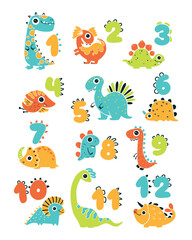 Dino count from 1 to 12 for kids. A cheerful poster for a nursery, school, kindergarten. Color cute vector hand-drawn childish characters and bright numbers on white background ready for printing.