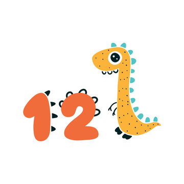 Dinosaur with number twelve. Color cute nursery card character illustration. Vector dino cartoon doodle isolated on white background. Perfect for celebrating a birthday, a month of age.