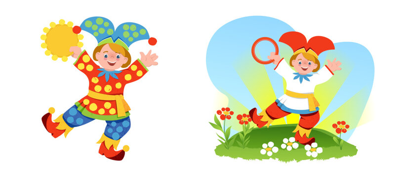 clown (jester ) in a colored hat with bells ( vector element )