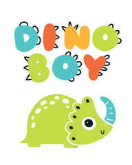 Obraz premium Dinosaur lettering. Dino Boy. Vector illustration in cartoon Scandinavian style. Childish design for birthday invitation or baby shower, poster, clothing, nursery wall art, and card.