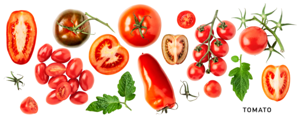 Fresh garden tomatoes with leaves set. PNG isolated with transparent background. Flat lay, top view. Without shadow.