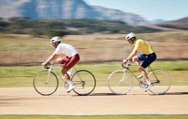 Men, cycling team and motion blur in nature, countryside and triathlon competition, sports and...