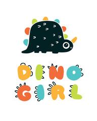 Obraz premium Girl Dinosaur vector illustration in flat dino cartoon scandinavian style with lettering. Childish design for birthday invitation or baby shower, poster, clothing, nursery wall art and card.