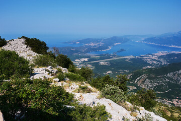 Picturesque panoramic view from above on Bay of Kotor and the mountains around. Montenegro, Europe.
