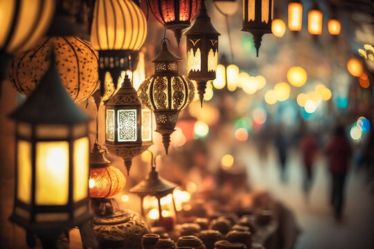 Crafts and artwork candles in a Turkish or Middle East bazaar. Created with Generative AI technology.