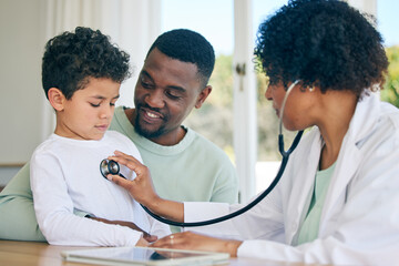 African dad, child and woman doctor with stethoscope in doctors office for health checkup on heart, lungs and breathing. Black man, son and pediatrician in healthcare checking kids asthma symptoms. - obrazy, fototapety, plakaty