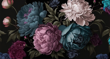 Abstract wallpaper of beautiful peonies on a dark background. Generative AI.