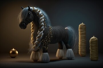 Toy soft children's horse, pony, unicorn made of textile.  Created with generative artificial intelligence.