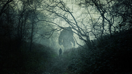 A dark, atmospheric concept of a huge bigfoot monster. Silhouetted in a forest. With a person looking up at them. On a spooky, foggy winters day. - obrazy, fototapety, plakaty