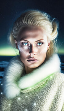 Beautiful nordic female model with a chic haircut and warm knitted clothes stands confidently in the aurora borealis also called northern lights