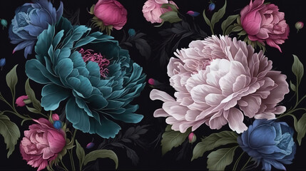 Garden peonies in pastel pink and white on a black background. Generative AI.