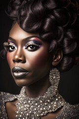 Beautiful ebony drag queen with a chic haircut and fashionable clothes stands confidently, radiating elegance and selfconfident in a captivating portrait perfect for commercial or editorial use