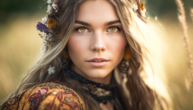 Cute hippie girl with beautiful hair and flower decorations
