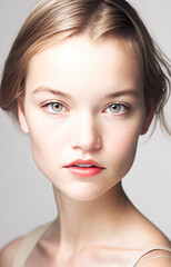 Fototapeta premium Beautiful female model with a chic haircut and fashionable clothes stands confidently, radiating elegance and selfconfident in a captivating portrait perfect for commercial or editorial use