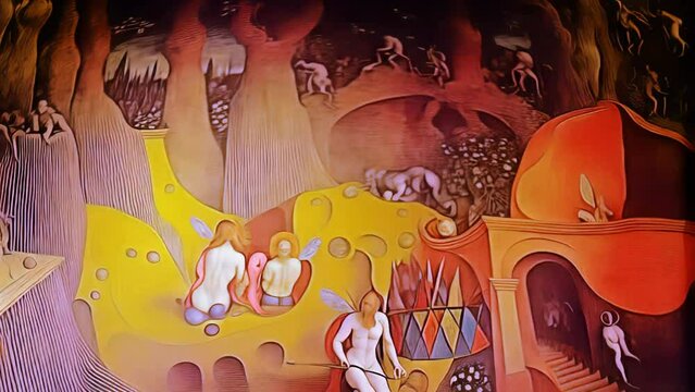 Generativeai motion animation of surreal painting of monsters in dream landscapes. Digital image oil painted inside a nightmare, punishment of sinner in the purgatory.