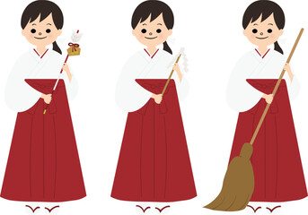 タイトル : 笑顔で破魔矢・大幣・ほうきを持つ3人の巫女セット（主線なし）