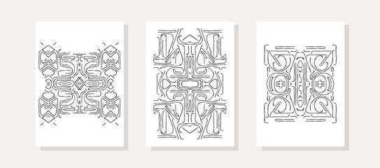 Posters with abstract symmetrical ornament. Surreal pattern of linear elements. Decorative frames. Vector template