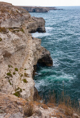 High limestone coastal cliffs against the backdrop of the Black Sea on Tarkhankut, Atlesh, western...