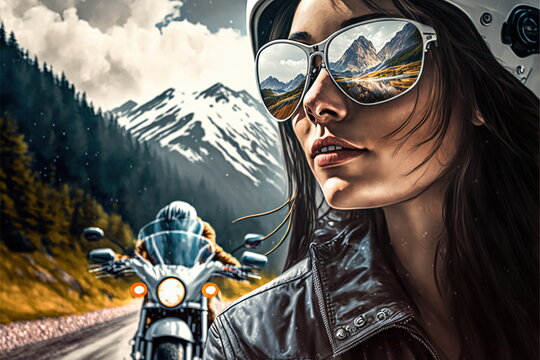 Wondrous Portrait Of Motorcycle Female Rider With Sunglasses And Reflection Of The Environment In Mountain Landscape, Natural Adventurous Touring On Road Trip With Motorbike Concept By Generative AI.