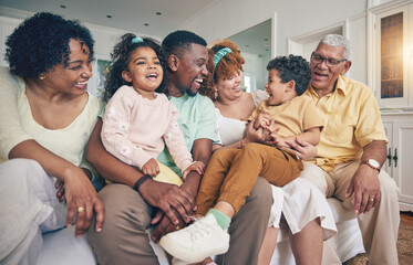 Black family laughing, portrait and living room sofa of a mother, father and children with grandparent. Happy, smile and bonding of a mom, dad and young kids together having fun with love and support