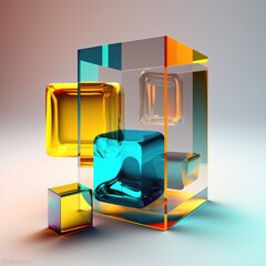 3d illustration of transparent cube with colorful reflection