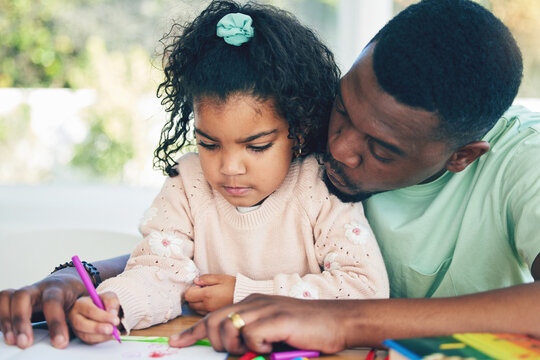 Learning, father or girl drawing for education in kindergarten with homework or school art project at home. Family, color or African dad loves helping a creative toddler or student with development