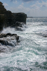 Severe storm at sea near the coastal cliffs in the Black Sea on Tarkhankut, Atlesh, western Crimea