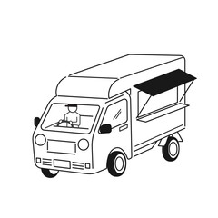 フードトラック　キッチンカーのイラスト　線画　運転手　ブラック