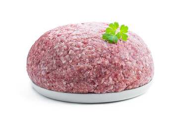 Pork and beef raw mince isolated on white