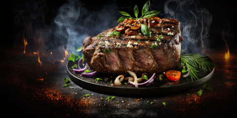 Tender and juicy beef steak, expertly prepared and presented on a dark background for a mouth-watering appeal