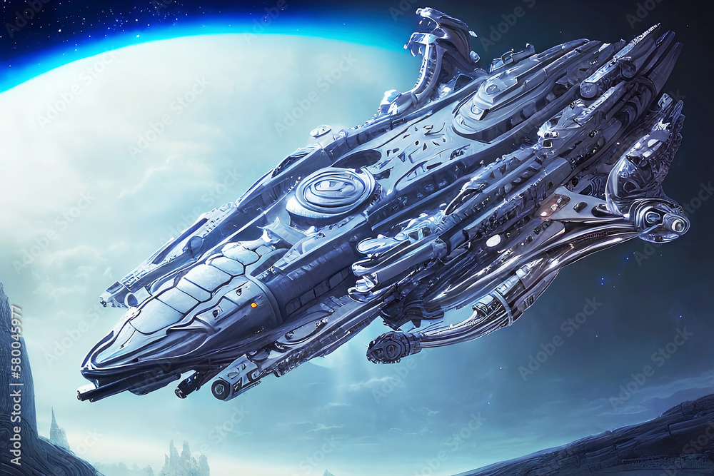 Wall mural spaceship in outer space, science fiction futuristic background, 3d illustration created with genera
