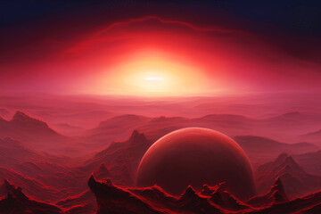 Landscape of an alien planet. Space wallpaper banner background. Created with generative Ai technology.