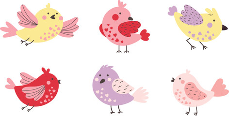 Love birds. Set of cute birds with hearts. Vector illustrations for postcards