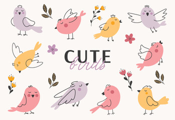 Colorful vector spring birds set. Cute birds in different positions. 