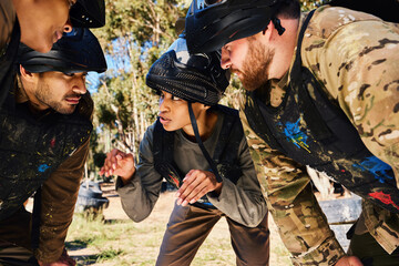 Mission, paintball or team in huddle planning strategy goals, or soldier training on war battlefield. People, community or army soldiers talking for support, collaboration or military group together - obrazy, fototapety, plakaty