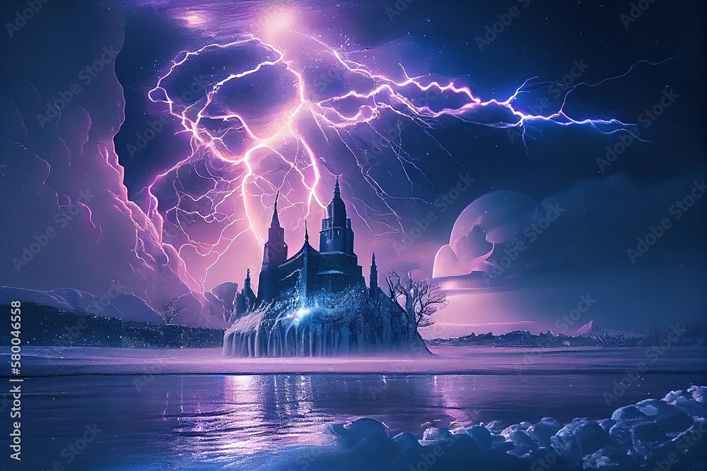 Poster a fairy -tale palace on the shore of the ocean with lightning in the night sky. generative ai