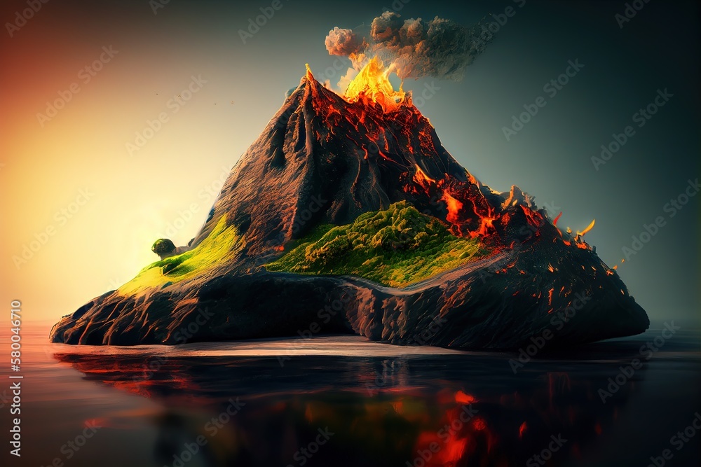 Poster the current volcano with a burning lava on the island in the sea. generative ai
