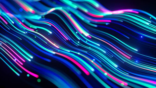looping 3d animation. Abstract background with unfocussed pink blue glowing neon wavy lines and bokeh lights. Topographic map hills. Equalizer sound wave chart