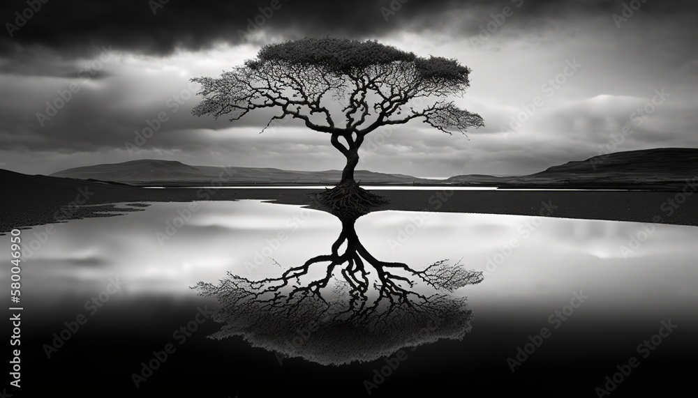 Poster A tree in the middle of the lake.Generative AI